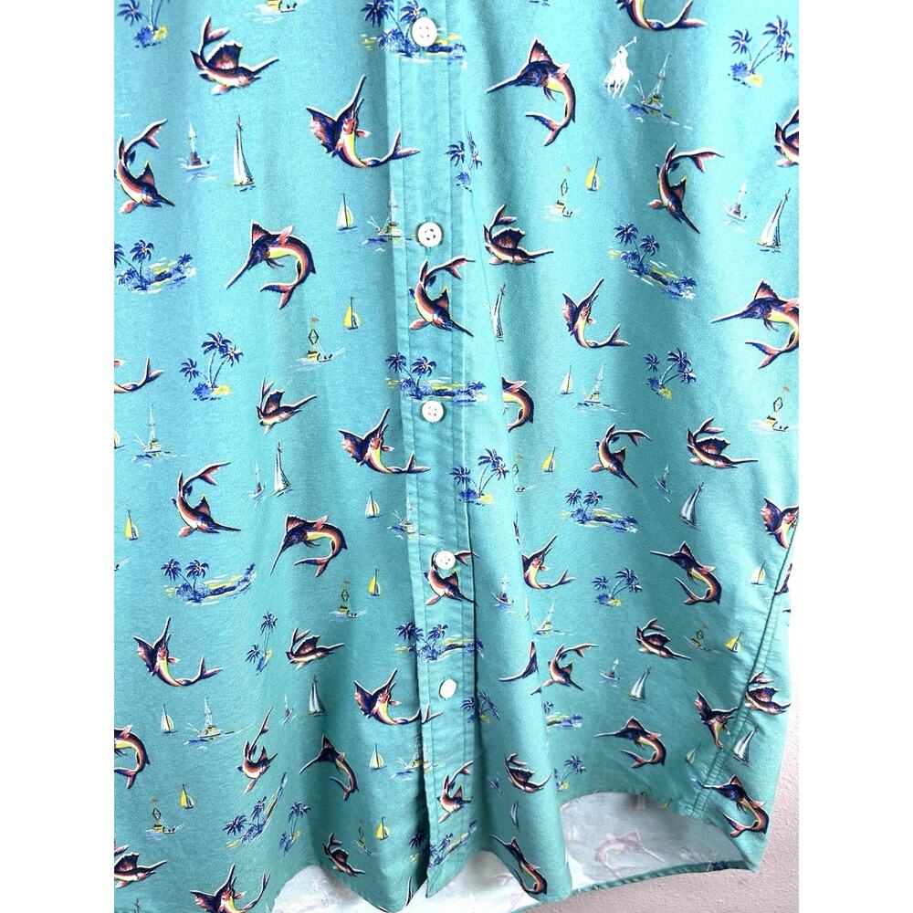 Ralph Lauren Mens M Green Classic Cotton Nautical Fish Graphic Button-Down Shirt - Picture 3 of 6